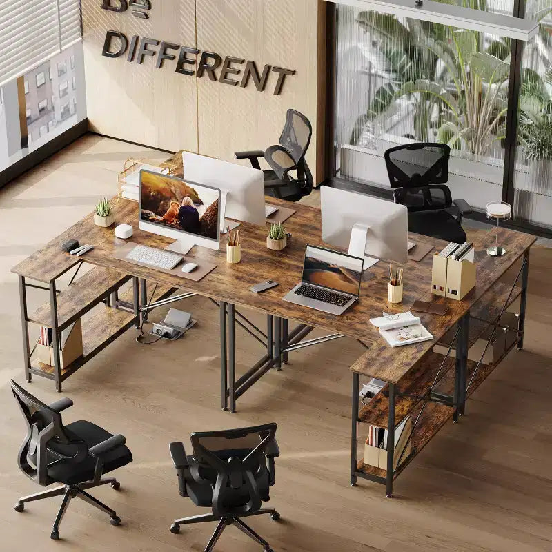 Bureau d'angle en L avec étagères, noir/marron/gris/chêne, 1 personne, 119 cm