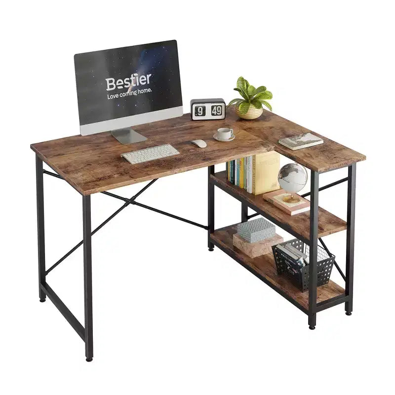 Bureau d'angle en L avec étagères, noir/marron/gris/chêne, 1 personne, 119 cm