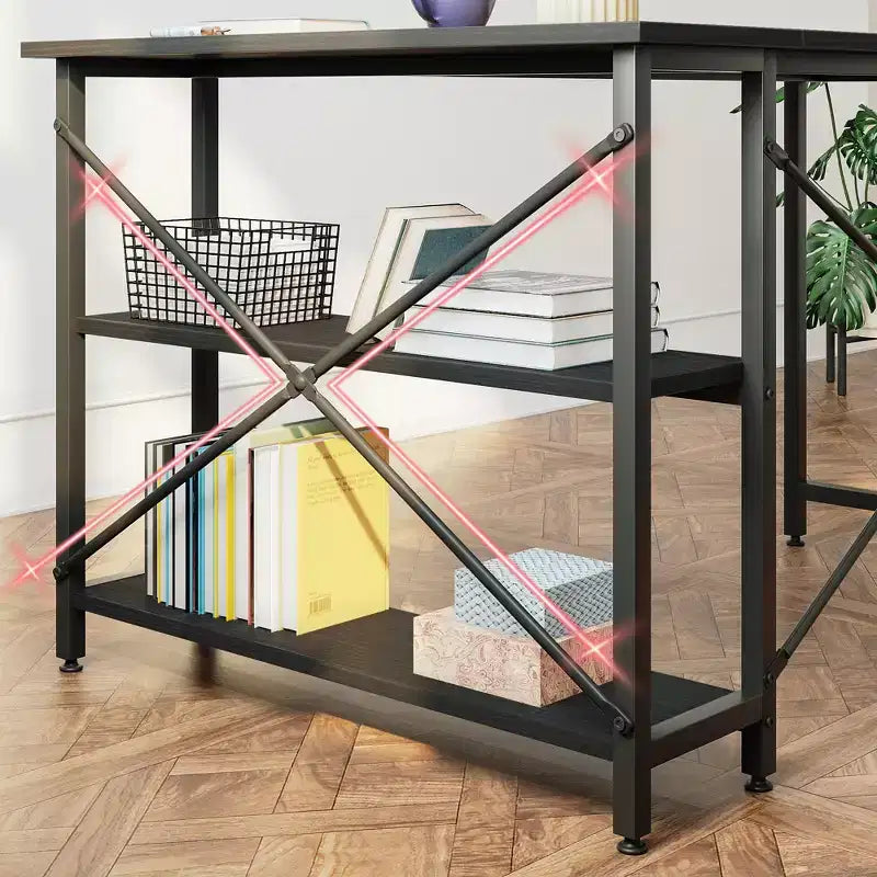 Bureau d'angle en L avec étagères, noir/marron/gris/chêne, 1 personne, 119 cm