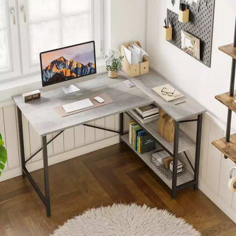 Bureau d'angle en L avec étagères, noir/marron/gris/chêne, 1 personne, 119 cm