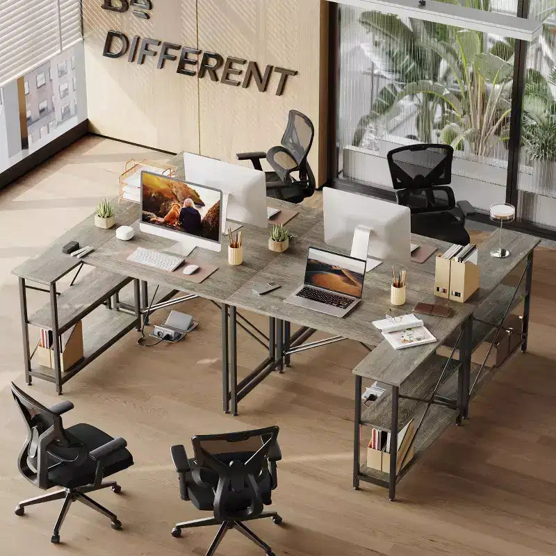 Bureau d'angle en L avec étagères, noir/marron/gris/chêne, 1 personne, 119 cm