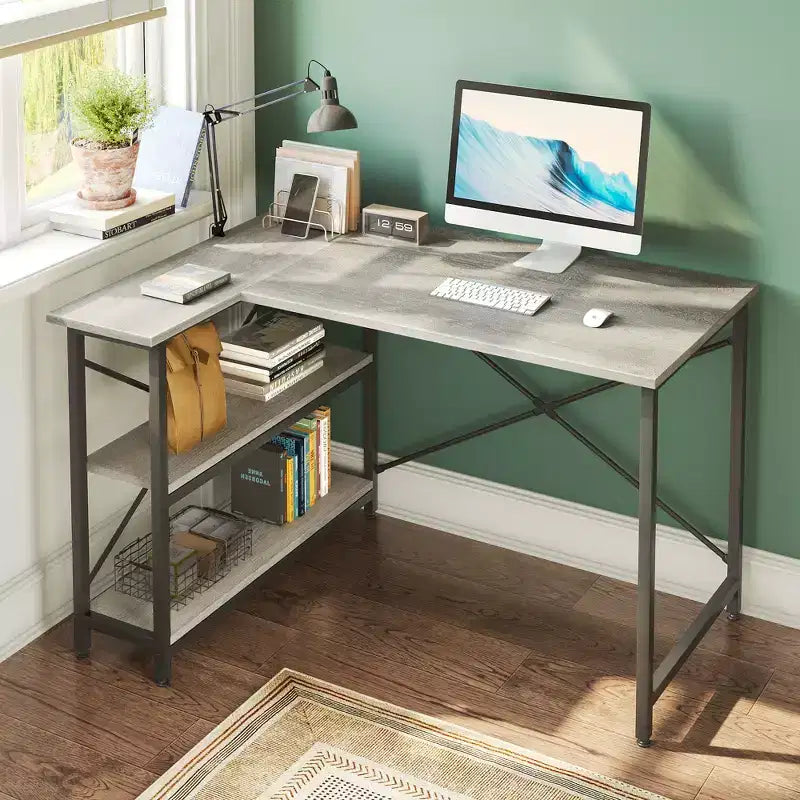 Bureau d'angle en L avec étagères, noir/marron/gris/chêne, 1 personne, 119 cm