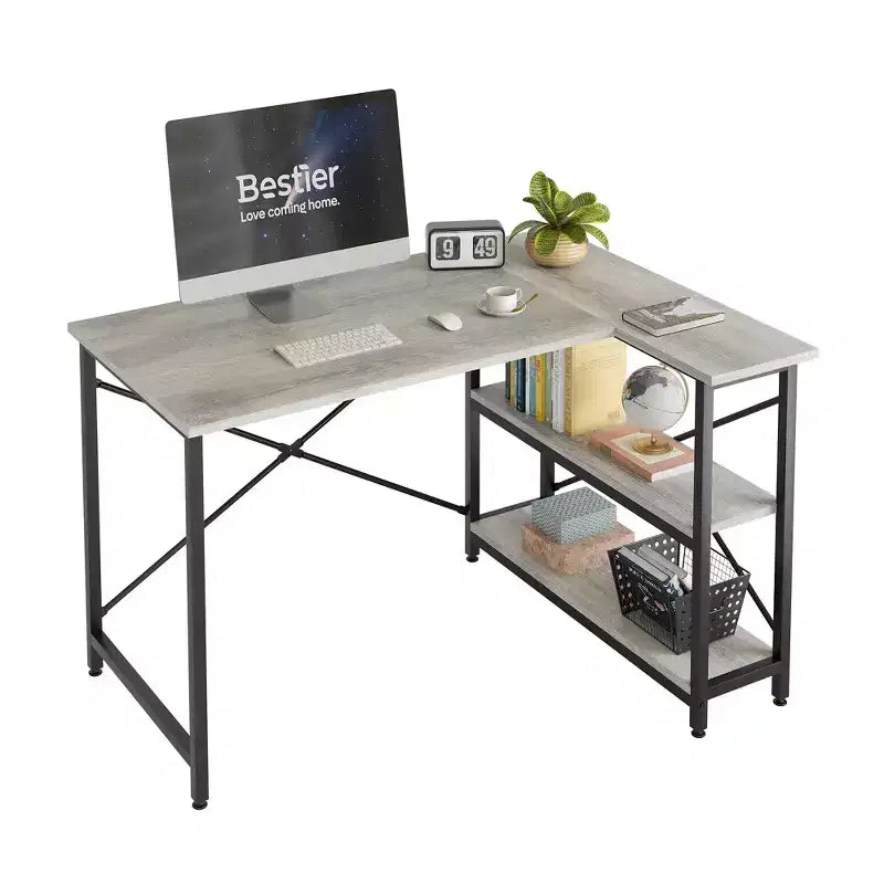 Bureau d'angle en L avec étagères, noir/marron/gris/chêne, 1 personne, 119 cm