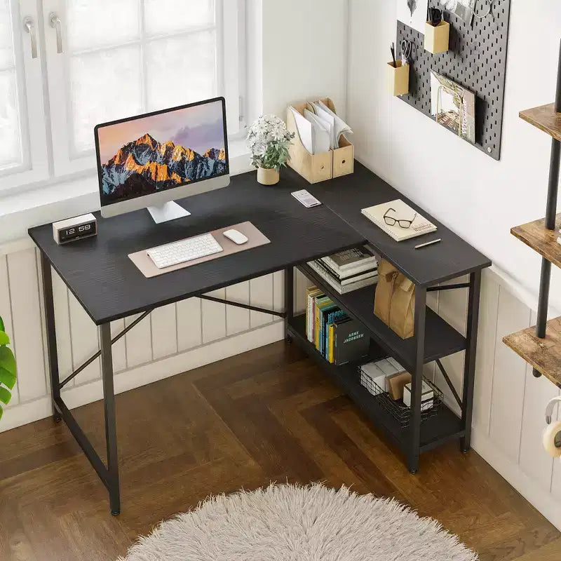 Bureau d'angle en L avec étagères, noir/marron/gris/chêne, 1 personne, 119 cm