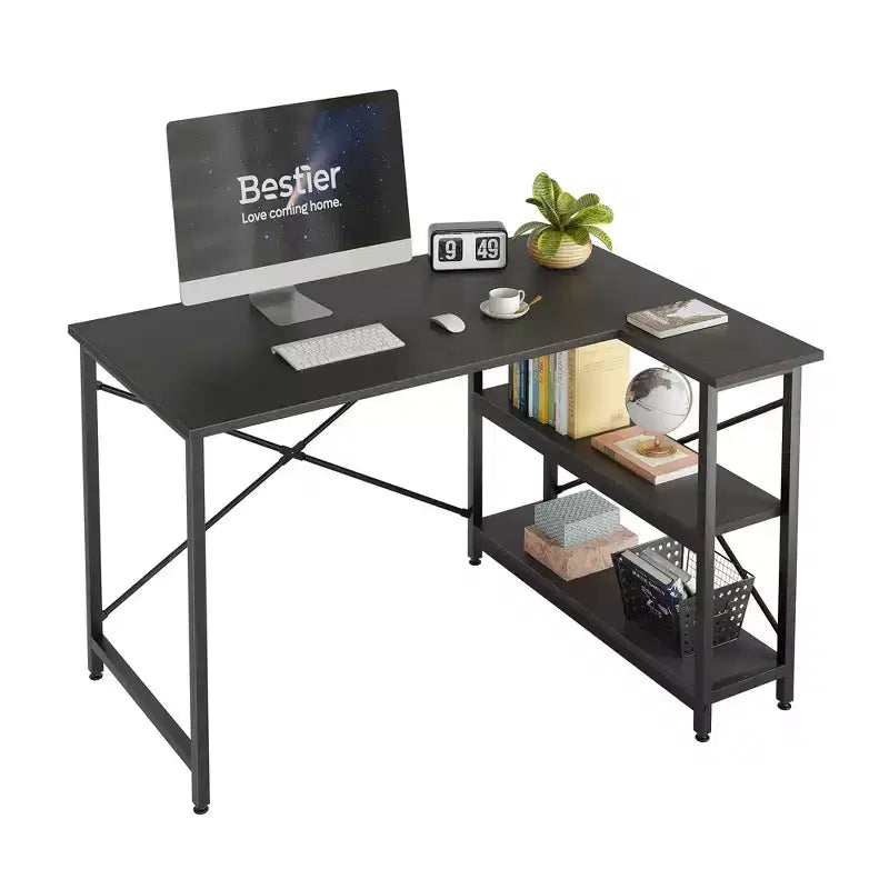 Bureau d'angle en L avec étagères, noir/marron/gris/chêne, 1 personne, 119 cm