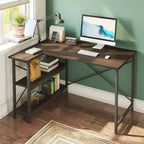 Bureau d'angle en L avec étagères, noir/marron/gris/chêne, 1 personne, 119 cm