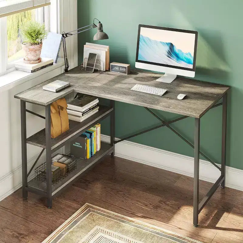 Bureau d'angle en L avec étagères, noir/marron/gris/chêne, 1 personne, 119 cm