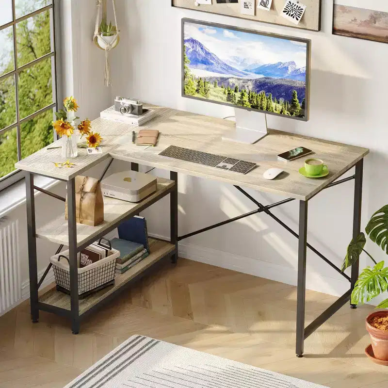 Black / Brown / Grey / Oak L-Shaped Corner Desk with Shelves, 47 Inch, 1-Person
