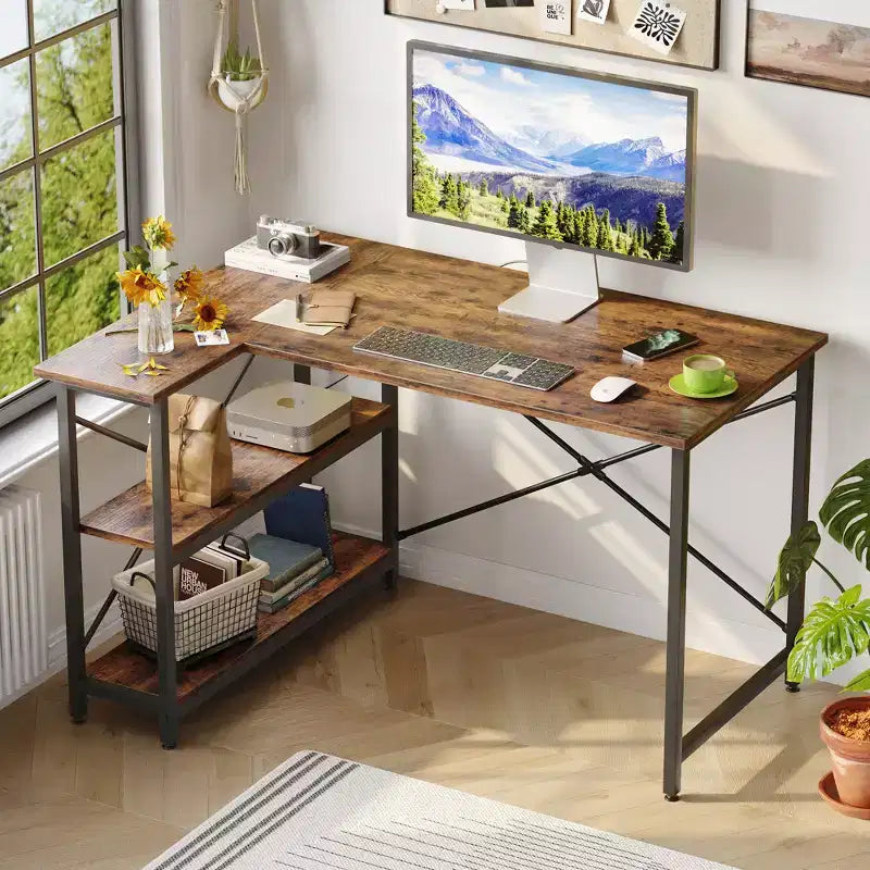 Bureau d'angle en L avec étagères, noir/marron/gris/chêne, 1 personne, 119 cm