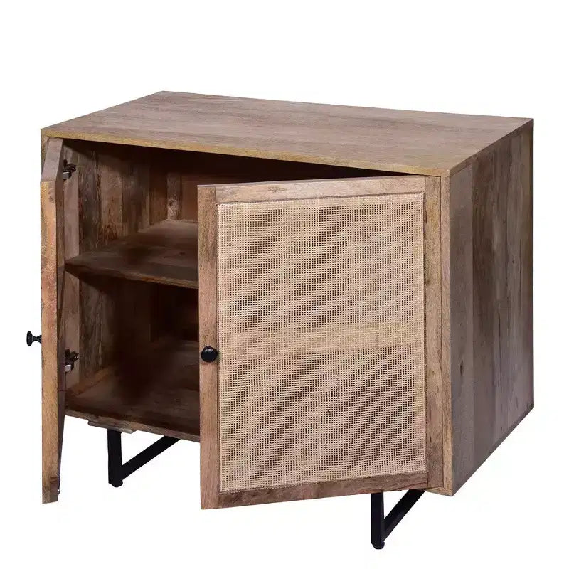 35" Handcrafted Mango Wood Accent Cabinet with Mesh Rattan Doors & Black Iron Legs