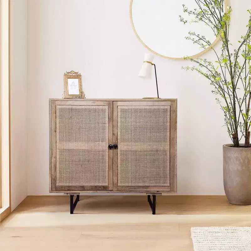 35" Handcrafted Mango Wood Accent Cabinet with Mesh Rattan Doors & Black Iron Legs