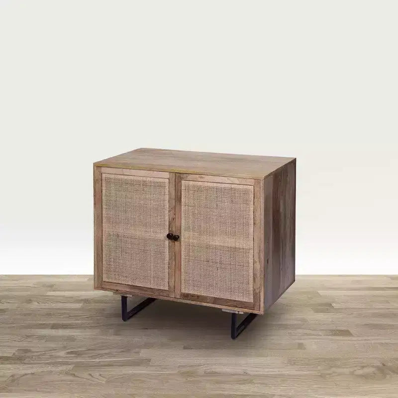 35" Handcrafted Mango Wood Accent Cabinet with Mesh Rattan Doors & Black Iron Legs