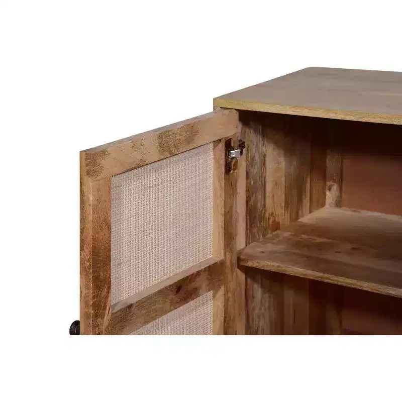 35" Handcrafted Mango Wood Accent Cabinet with Mesh Rattan Doors & Black Iron Legs