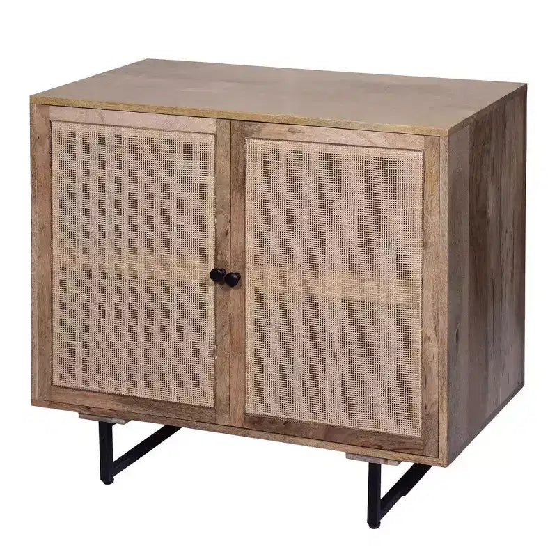 35" Handcrafted Mango Wood Accent Cabinet with Mesh Rattan Doors & Black Iron Legs