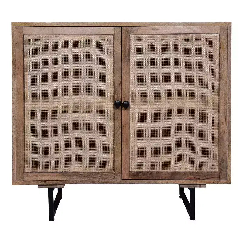 35" Handcrafted Mango Wood Accent Cabinet with Mesh Rattan Doors & Black Iron Legs