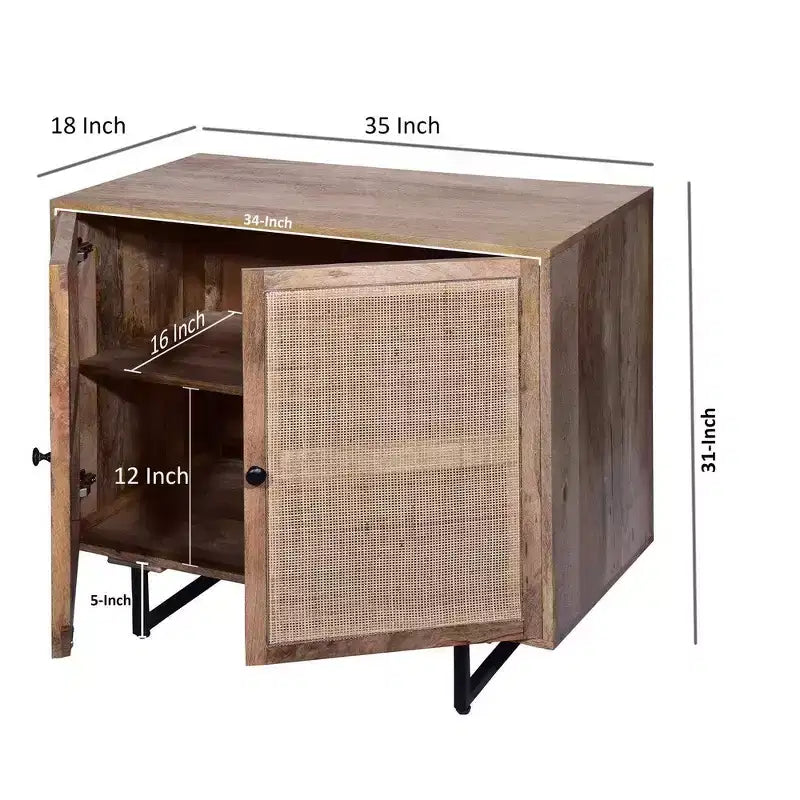 35" Handcrafted Mango Wood Accent Cabinet with Mesh Rattan Doors & Black Iron Legs