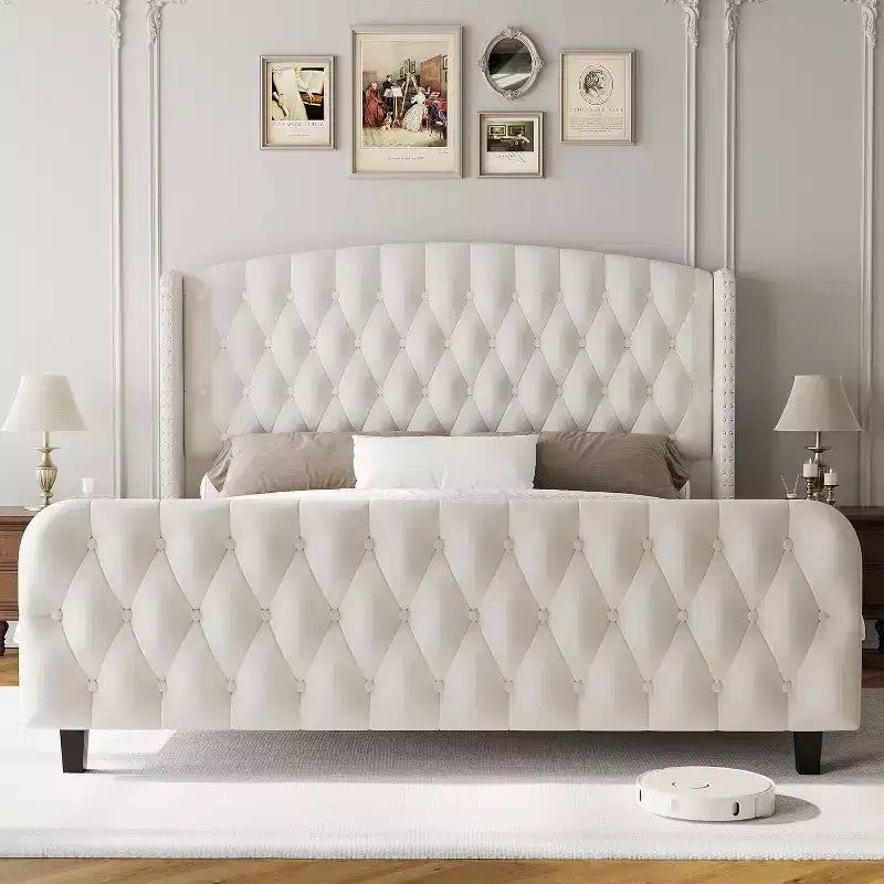 Gray Velvet Wingback King Bed Frame, Button-Tufted, For 2