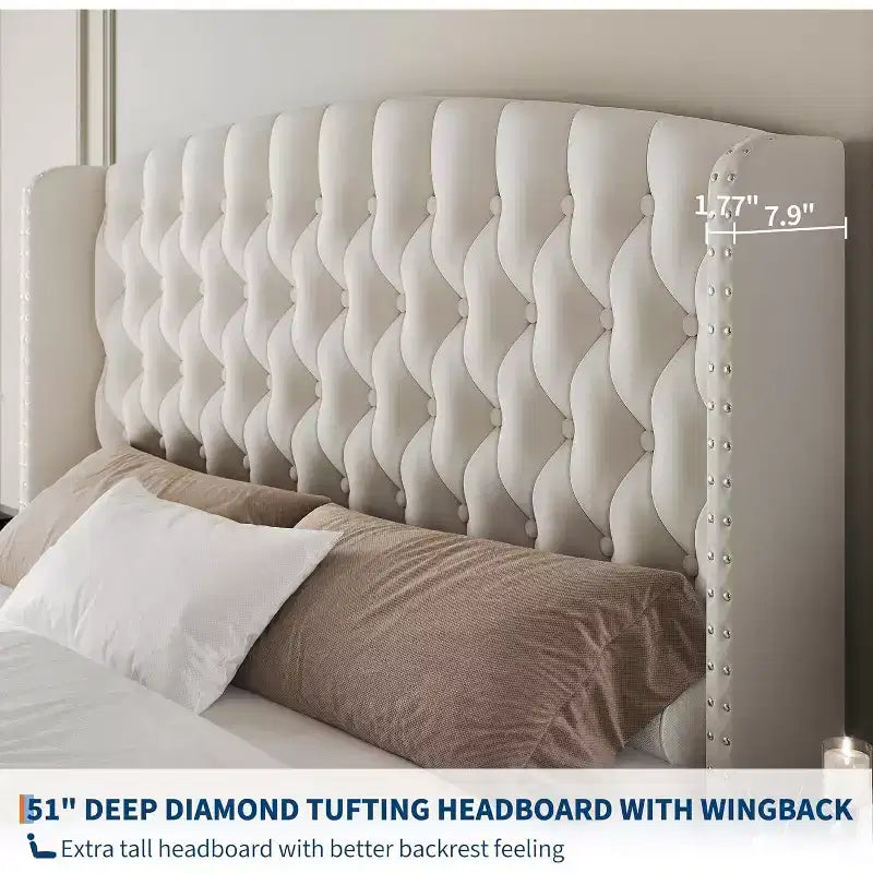 Gray Velvet Wingback King Bed Frame, Button-Tufted, For 2
