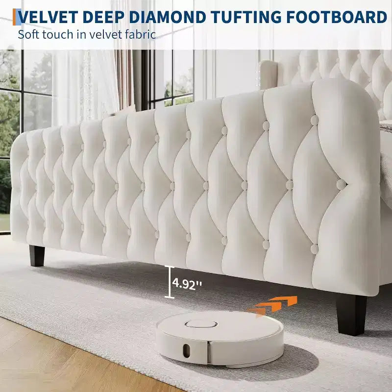 Cadre de lit King size en velours gris avec tête de lit capitonnée, Pour 2