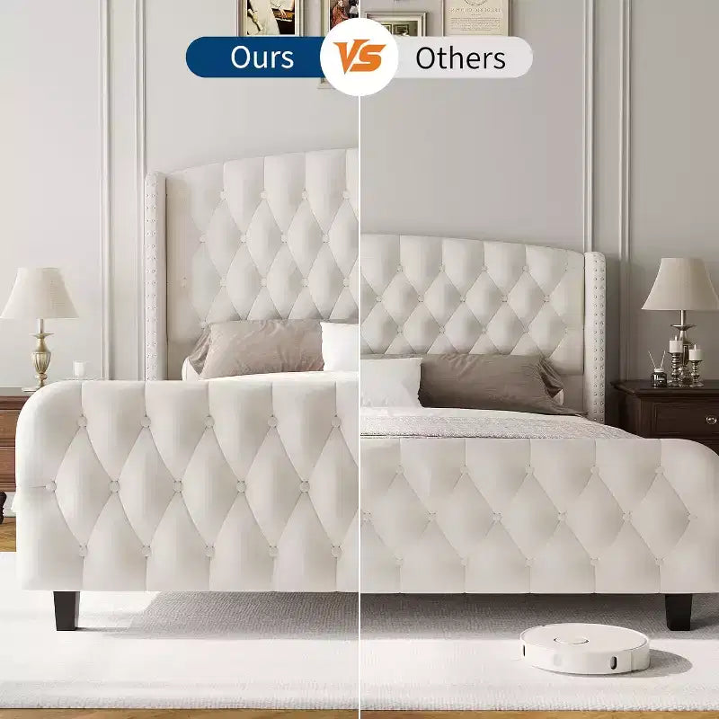 Cadre de lit King size en velours gris avec tête de lit capitonnée, Pour 2