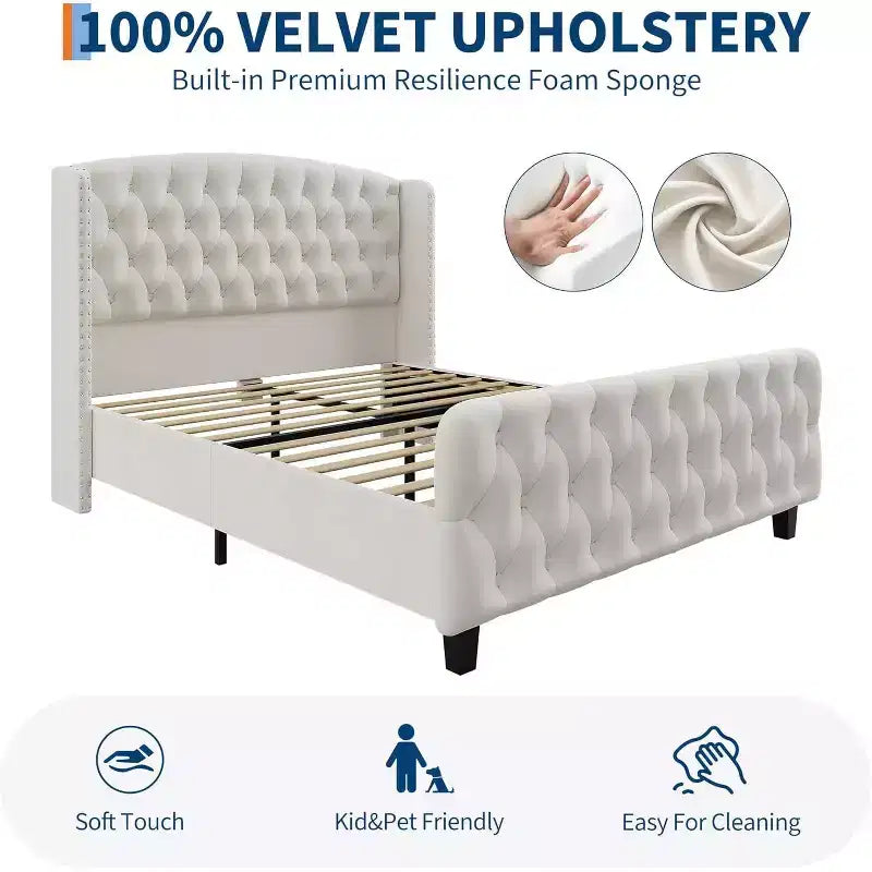 Cadre de lit King size en velours gris avec tête de lit capitonnée, Pour 2