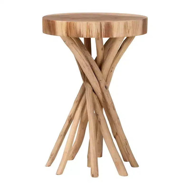 Table d'appoint ronde en teck naturel Liberte – Piètement bohème en forme de branche sculptée