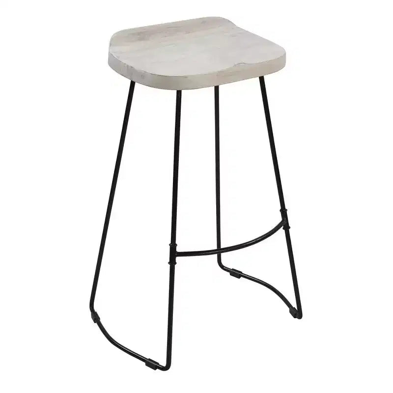 30" Handcrafted Backless Barstool – Whitewashed Mango Wood Saddle Seat & Black Metal Base