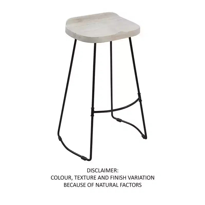 30" Handcrafted Backless Barstool – Whitewashed Mango Wood Saddle Seat & Black Metal Base