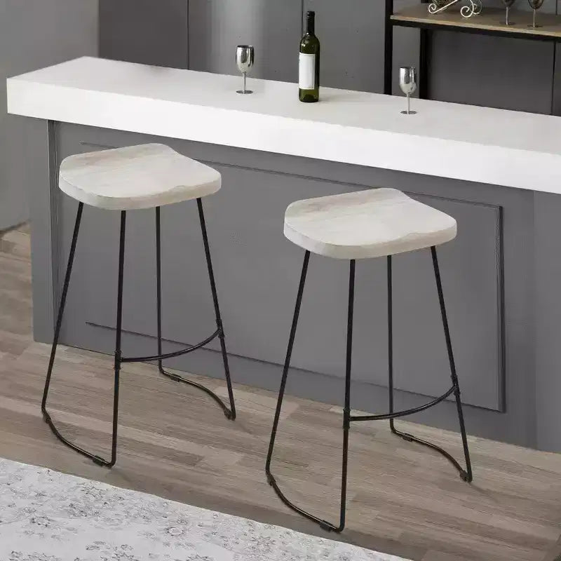 30" Handcrafted Backless Barstool – Whitewashed Mango Wood Saddle Seat & Black Metal Base