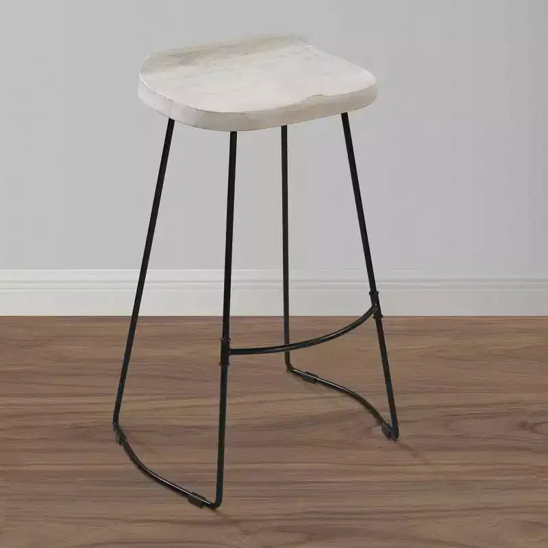 30" Handcrafted Backless Barstool – Whitewashed Mango Wood Saddle Seat & Black Metal Base