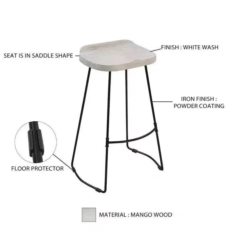 30" Handcrafted Backless Barstool – Whitewashed Mango Wood Saddle Seat & Black Metal Base