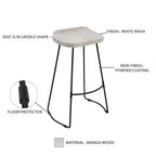 30" Handcrafted Backless Barstool – Whitewashed Mango Wood Saddle Seat & Black Metal Base
