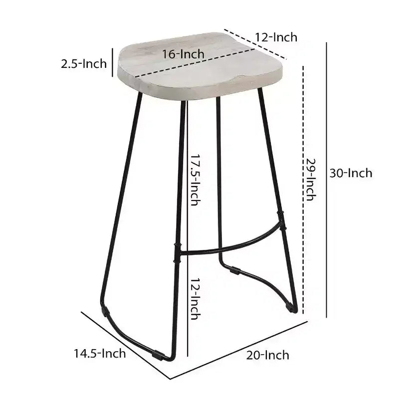 30" Handcrafted Backless Barstool – Whitewashed Mango Wood Saddle Seat & Black Metal Base