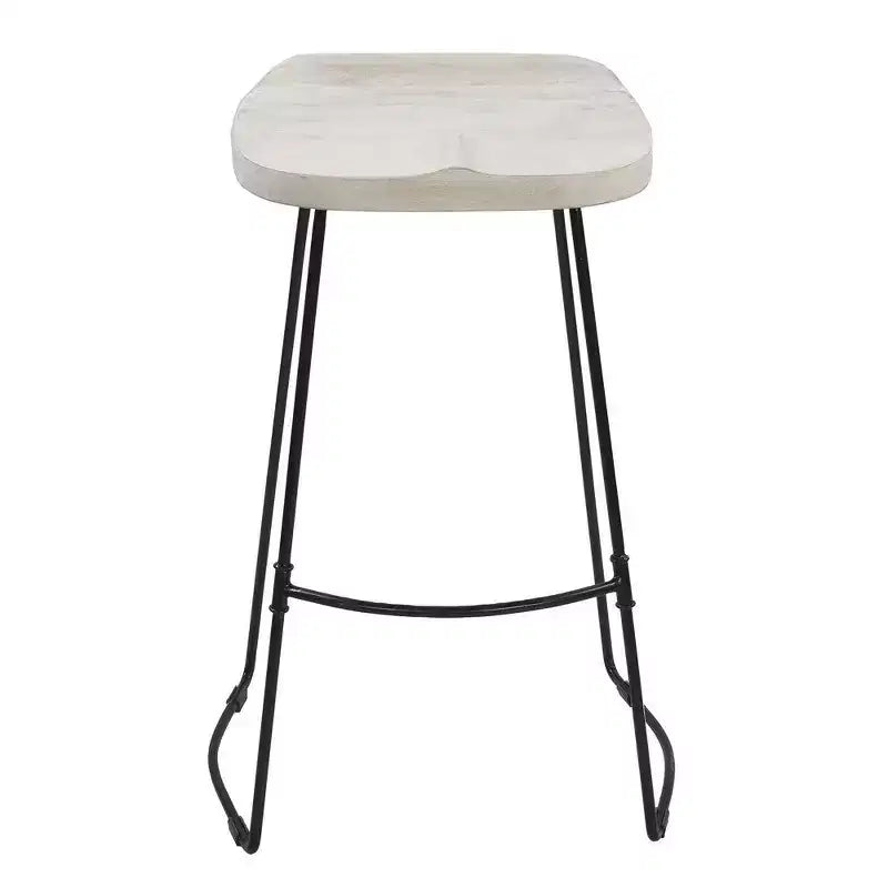 30" Handcrafted Backless Barstool – Whitewashed Mango Wood Saddle Seat & Black Metal Base