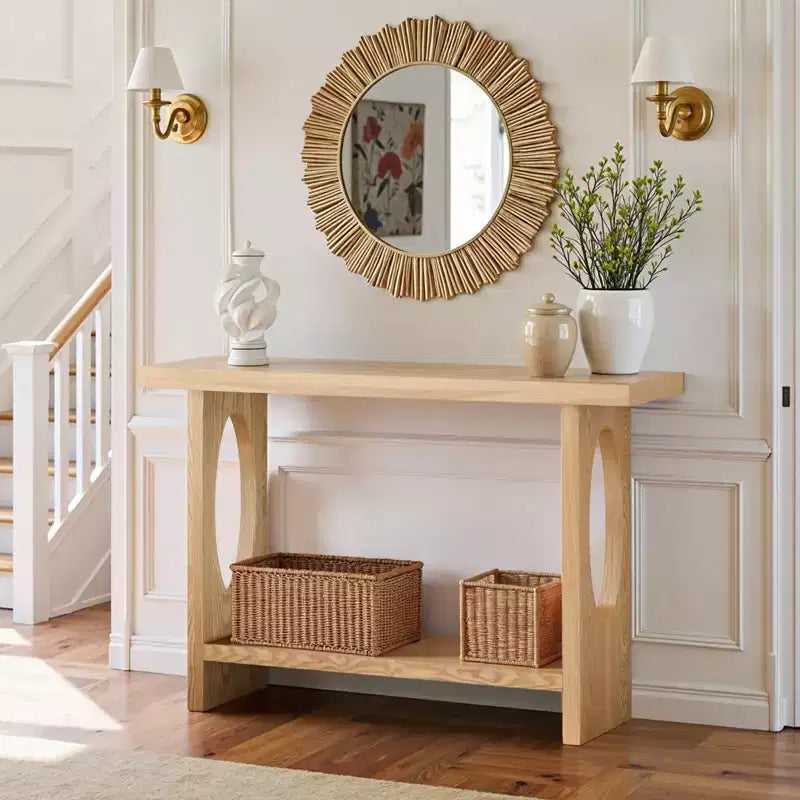 47" Farmhouse Wood Console Table – 2" Thick Veneer Top & 2-Tier Open Shelf