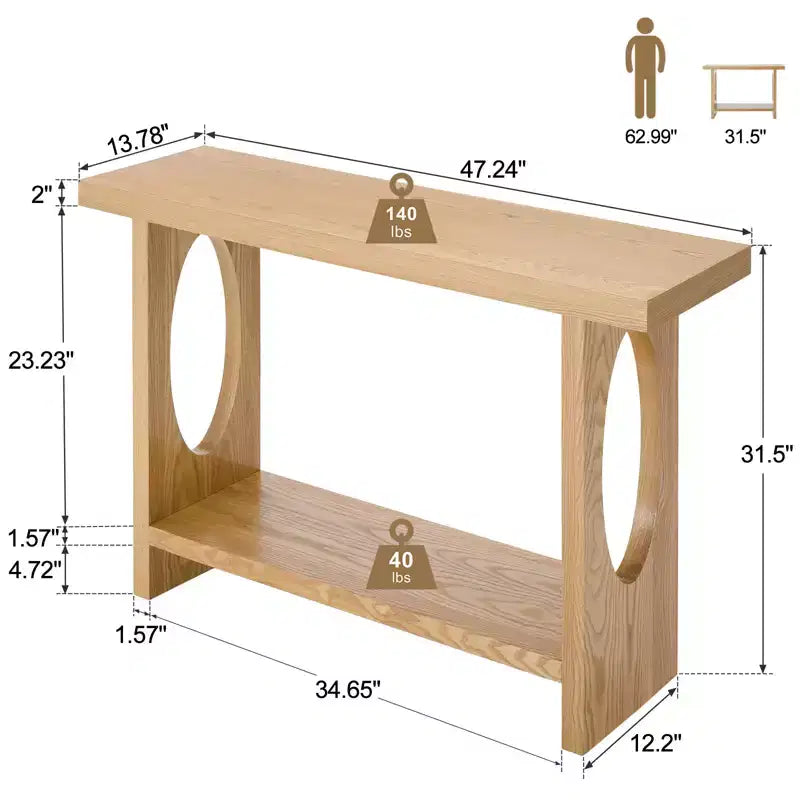 47" Farmhouse Wood Console Table – 2" Thick Veneer Top & 2-Tier Open Shelf