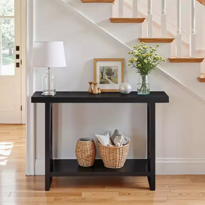 47" Farmhouse Wood Console Table – 2" Thick Veneer Top & 2-Tier Open Shelf