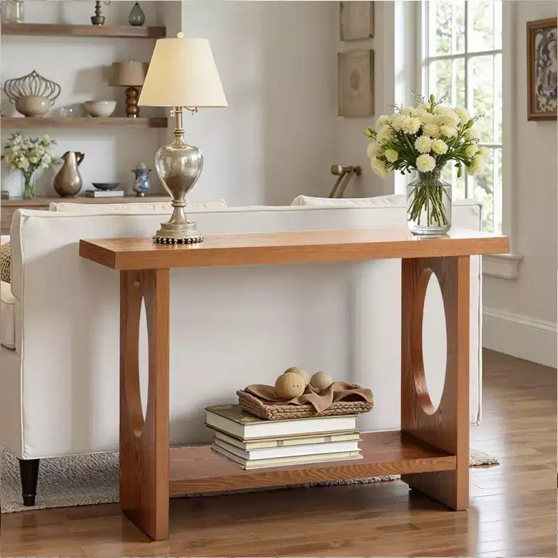 47" Farmhouse Wood Console Table – 2" Thick Veneer Top & 2-Tier Open Shelf