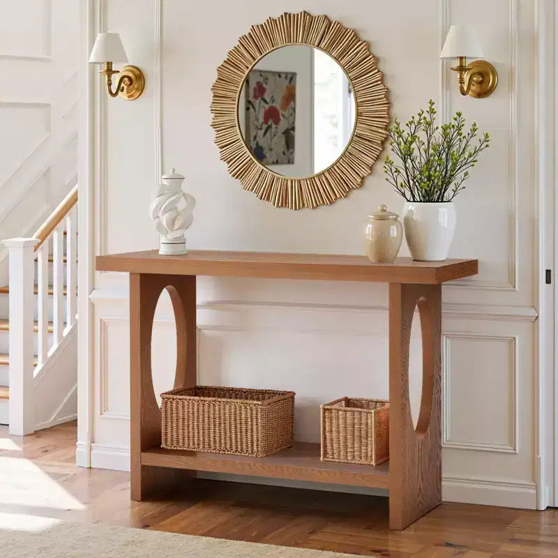 47" Farmhouse Wood Console Table – 2" Thick Veneer Top & 2-Tier Open Shelf