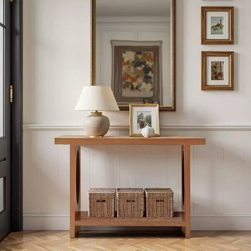 47" Farmhouse Wood Console Table – 2" Thick Veneer Top & 2-Tier Open Shelf