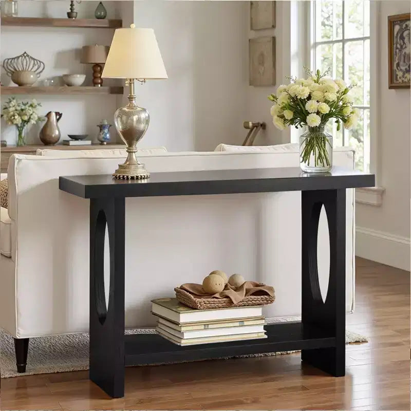 47" Farmhouse Wood Console Table – 2" Thick Veneer Top & 2-Tier Open Shelf