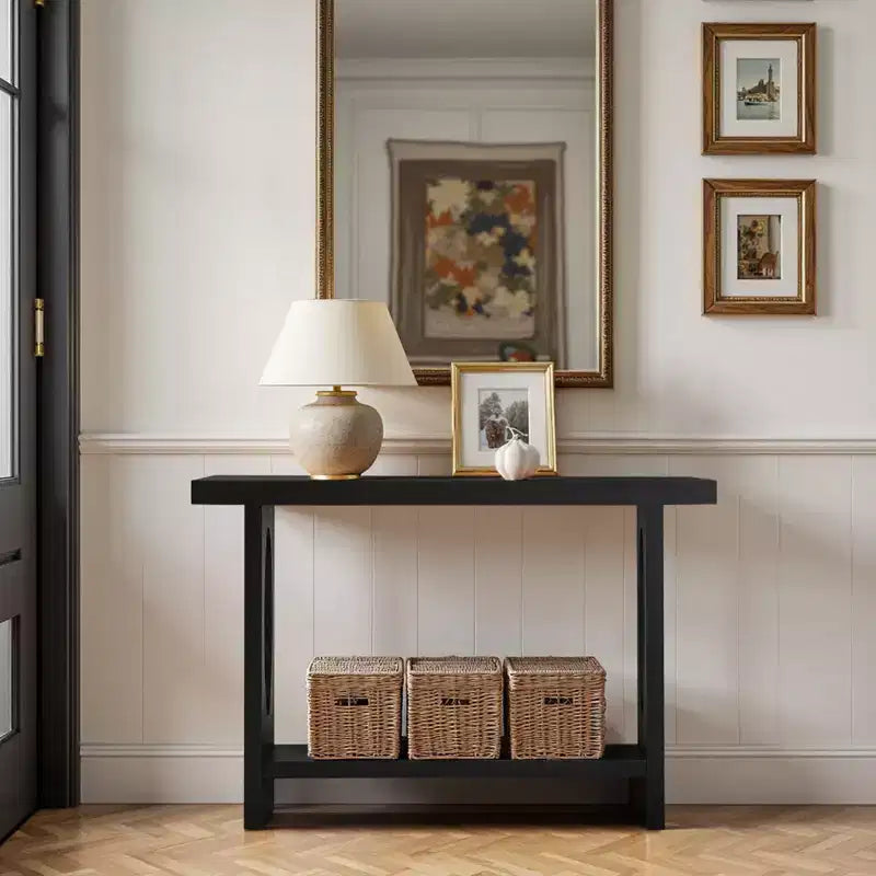47" Farmhouse Wood Console Table – 2" Thick Veneer Top & 2-Tier Open Shelf