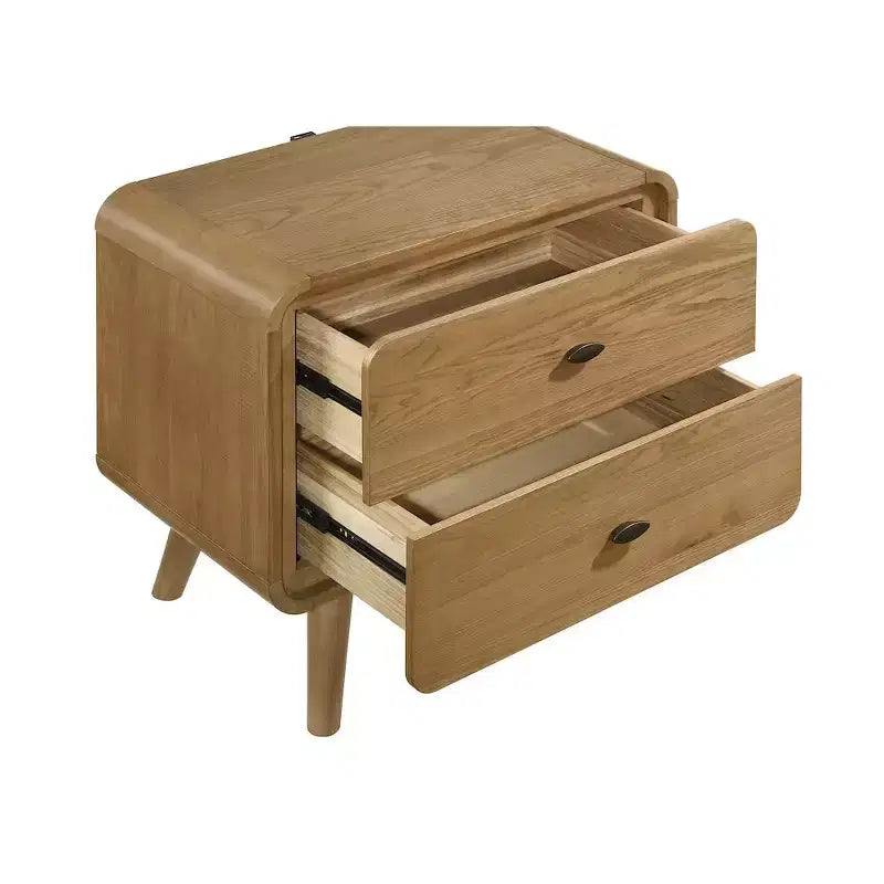 Table de chevet Robyn à 2 tiroirs avec ports USB – Frêne clair, moderne du milieu du siècle