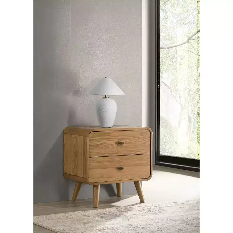 Robyn 2-Drawer Nightstand Bedside Table with USB Ports – Light Ash, Mid-Century Modern
