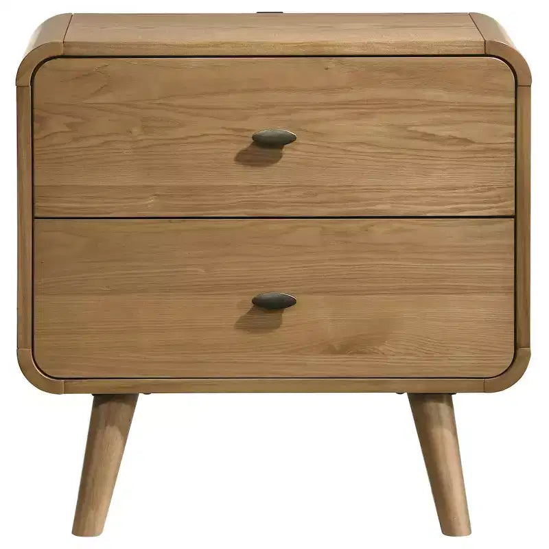 Table de chevet Robyn à 2 tiroirs avec ports USB – Frêne clair, moderne du milieu du siècle