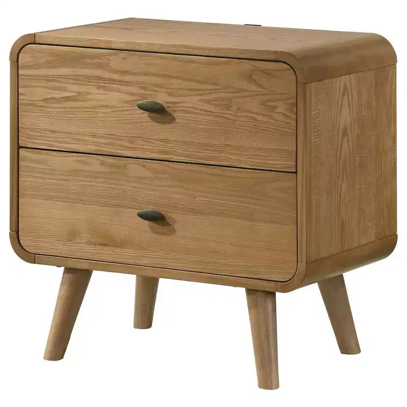 Table de chevet Robyn à 2 tiroirs avec ports USB – Frêne clair, moderne du milieu du siècle