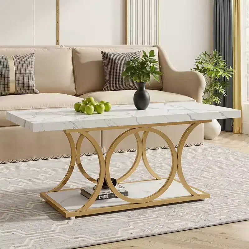 2-Tier Modern Coffee Table – White Faux Marble Top & Gold Metal Legs, 47"