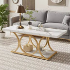2-Tier Modern Coffee Table – White Faux Marble Top & Gold Metal Legs, 47"