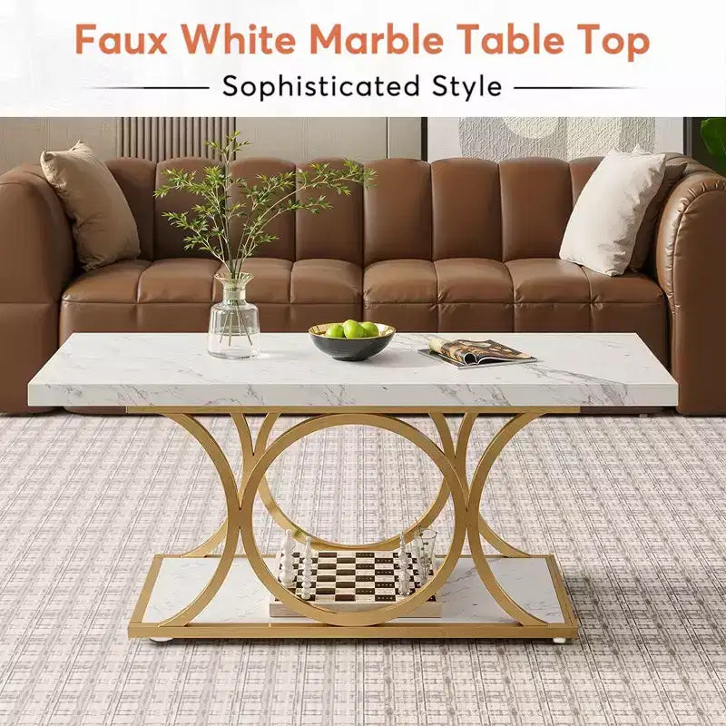 2-Tier Modern Coffee Table – White Faux Marble Top & Gold Metal Legs, 47"
