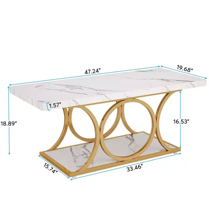 2-Tier Modern Coffee Table – White Faux Marble Top & Gold Metal Legs, 47"